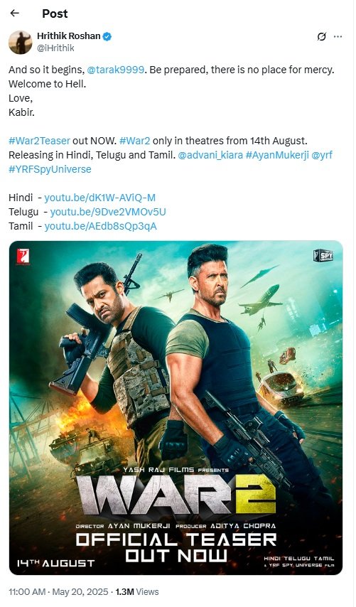 War 2 Teaser Hrithik Roshan vs Jr NTR Sets the Stage for a Mega Blockbuster bollywoodlifes.in